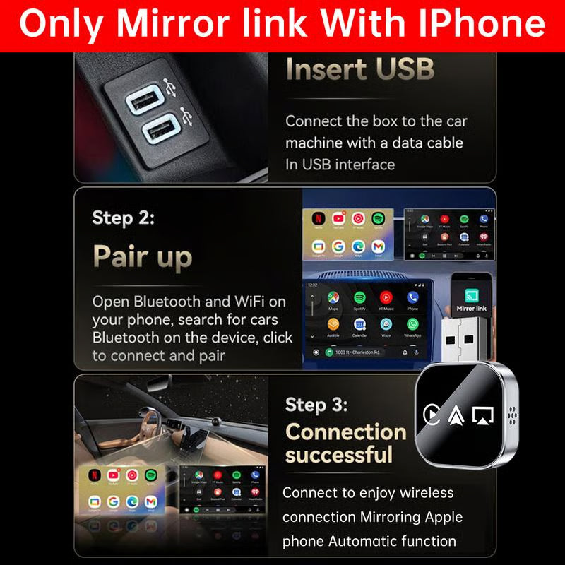 🔥2026 Upgrade 3 in 1 Wireless Carplay Mirror Link Adapter Instant Wired to Wireless Conversion Plug & PlayMini Stable Design for Wired Carplay,AirPlay